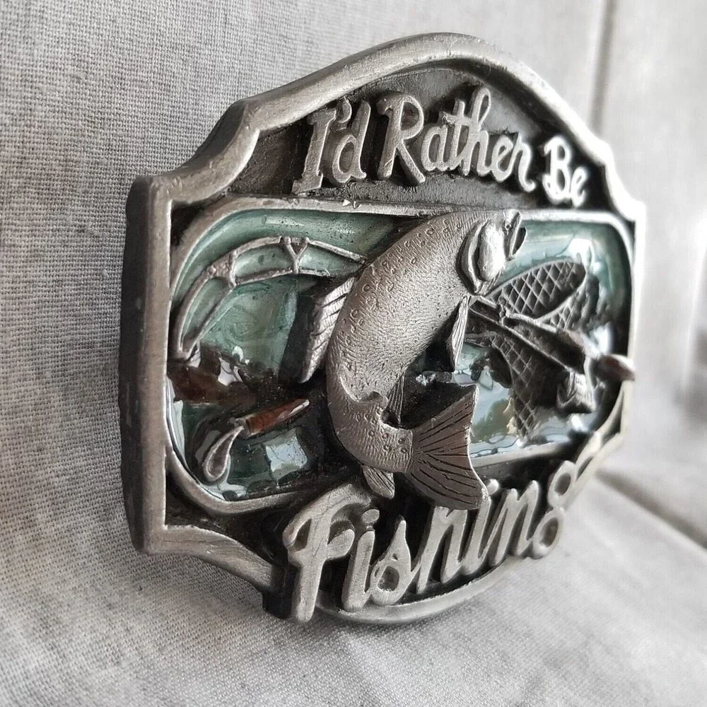 Vintage I'd Rather Be‎ Fishing Belt Buckle Rio Grande Buckle Co. 1989 Pewter